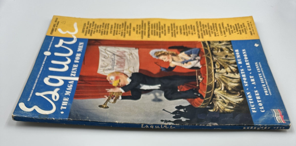 Esquire Magazine February 1944 showcasing the cover art with a playful musical scene featuring a clown playing trumpet and a female figure, emphasizing the theme of jazz and entertainment for the Jazz Number issue.