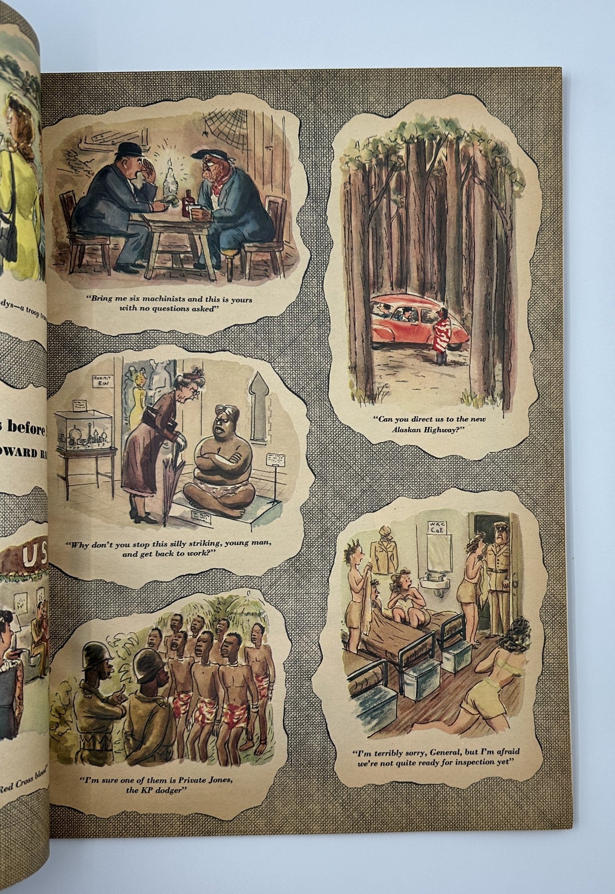 Esquire Magazine February 1944 Jazz Number depicting humorous comic illustrations showcasing diverse characters and scenarios.