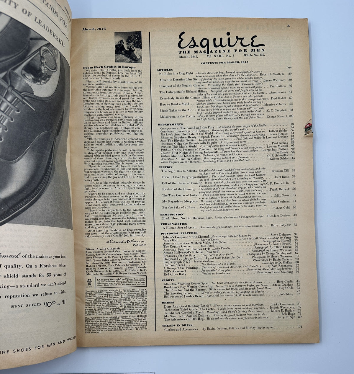 Interior page of March 1945 Esquire Magazine showing a directory list of articles and contributors, providing a glimpse into the magazine's content.