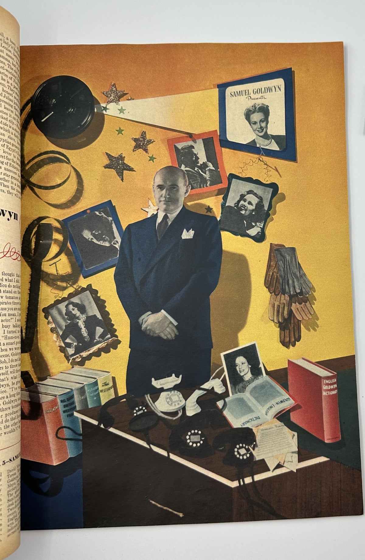 Esquire Magazine March 1945 cover featuring a painted portrait of Samuel Goldwyn surrounded by film memorabilia and photographs, highlighting Hollywood's influential figures during WWII.