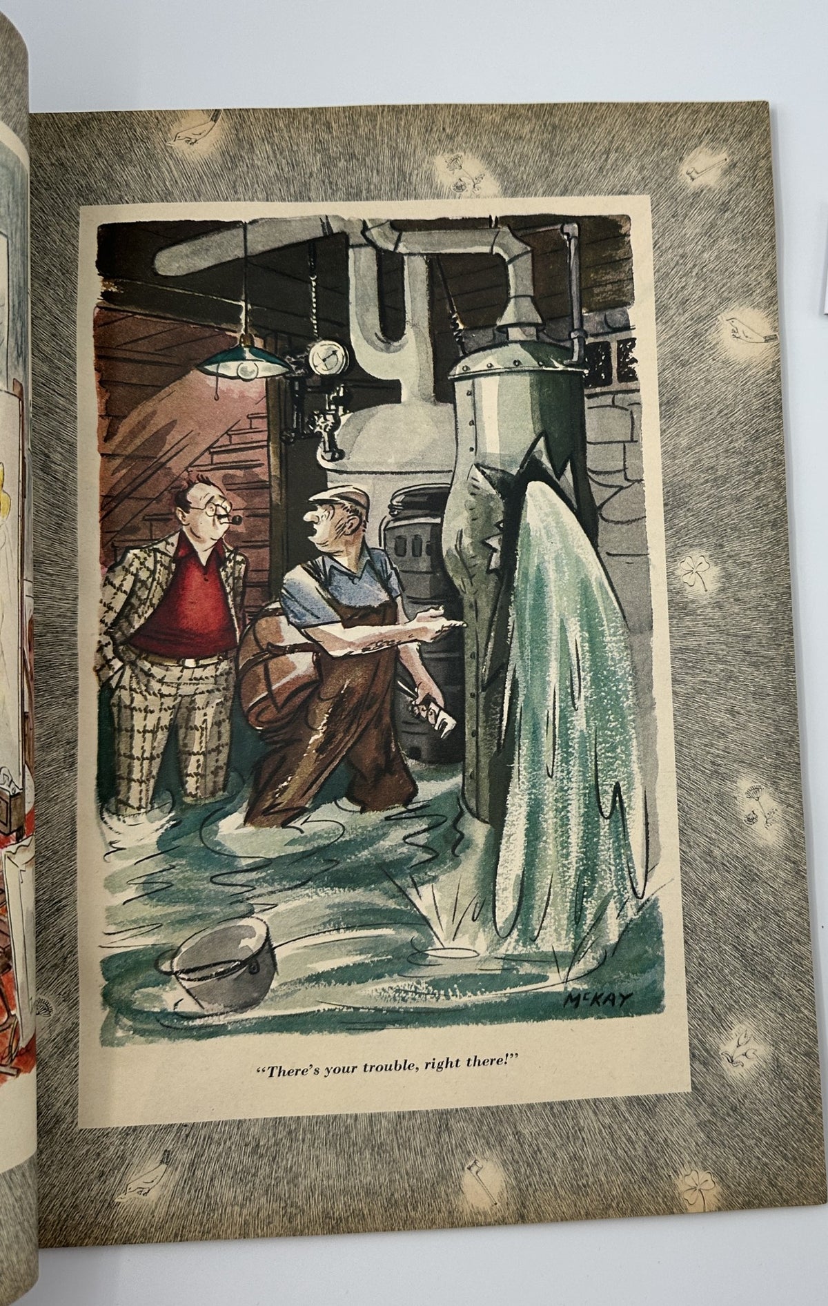 A colorful illustration from Esquire Magazine March 1945 depicting two characters discussing a malfunctioning kitchen appliance, showcasing humor and artistic style of the era.