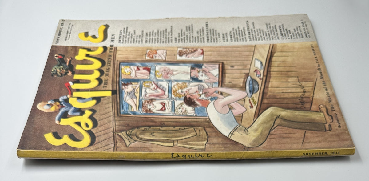 Side view of Esquire Magazine November 1945 with a Varga foldout pinup, illustrating a detailed scene of a man grooming and observing pinup art, emphasizing the magazine's vintage design.