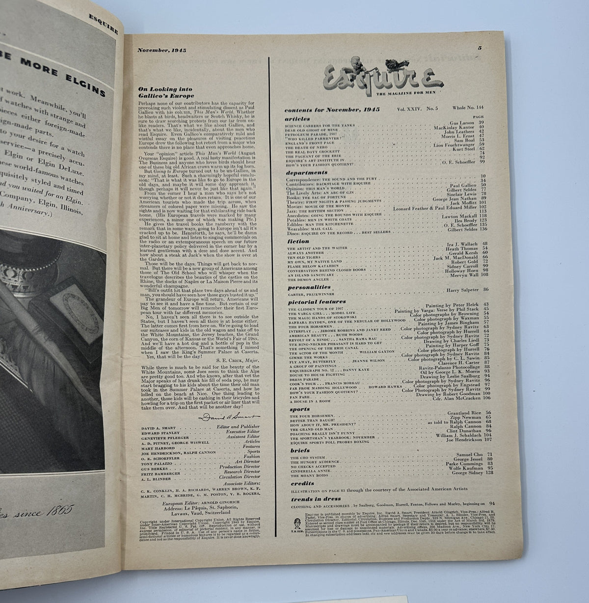 Page layout from Esquire Magazine, November 1945 featuring the table of contents.