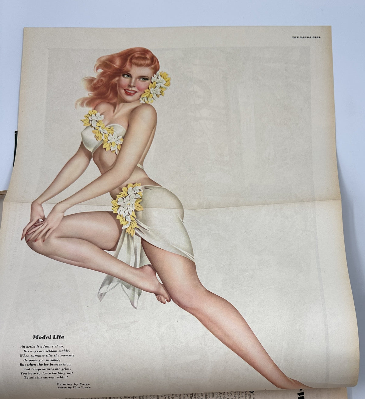 Pin-up illustration titled 'Model Life' in Esquire Magazine, November 1945, showcasing a woman in a floral-themed outfit.