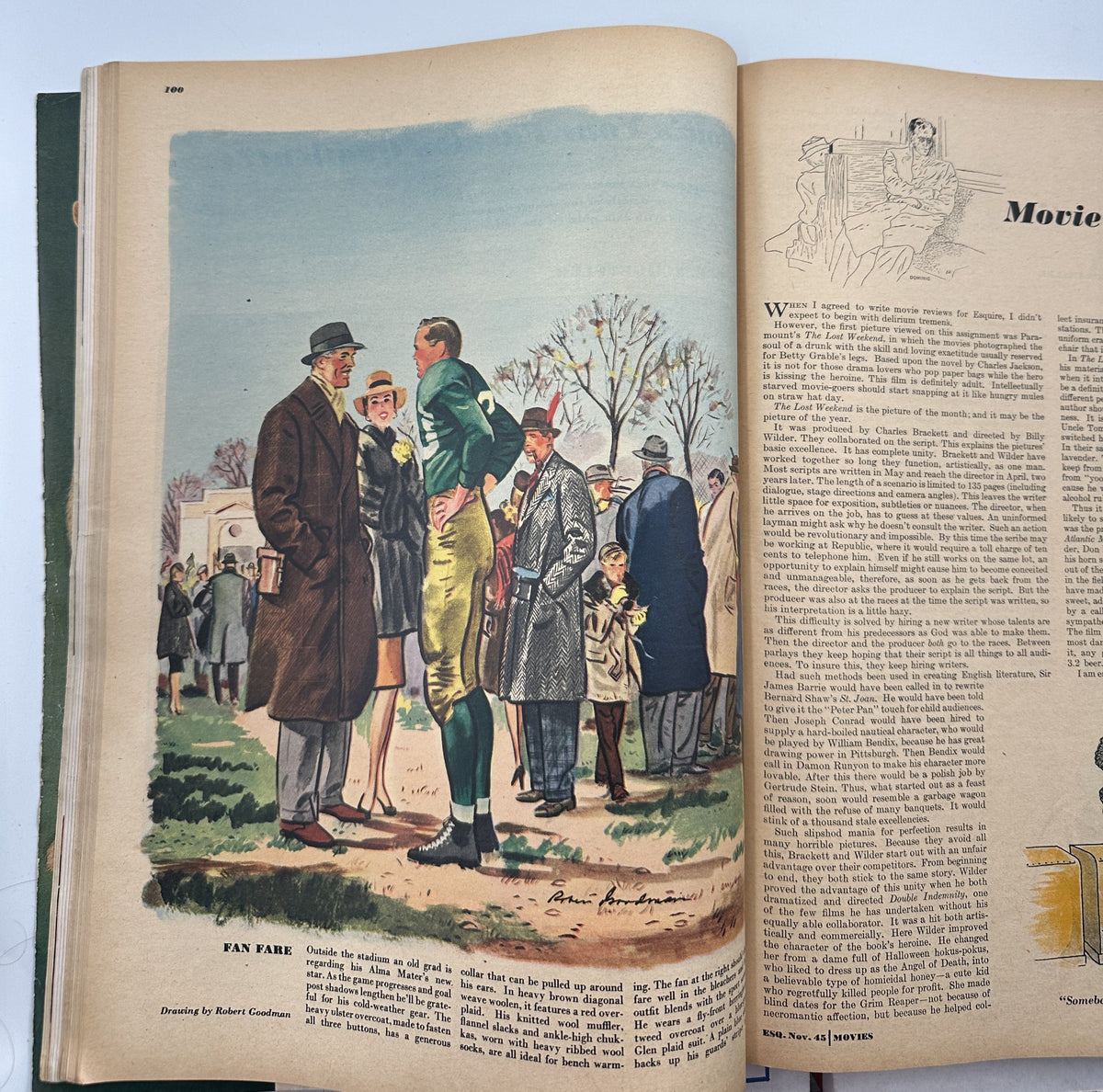 Colorful illustration from Esquire Magazine, November 1945, depicting a scene with a football player and spectators.