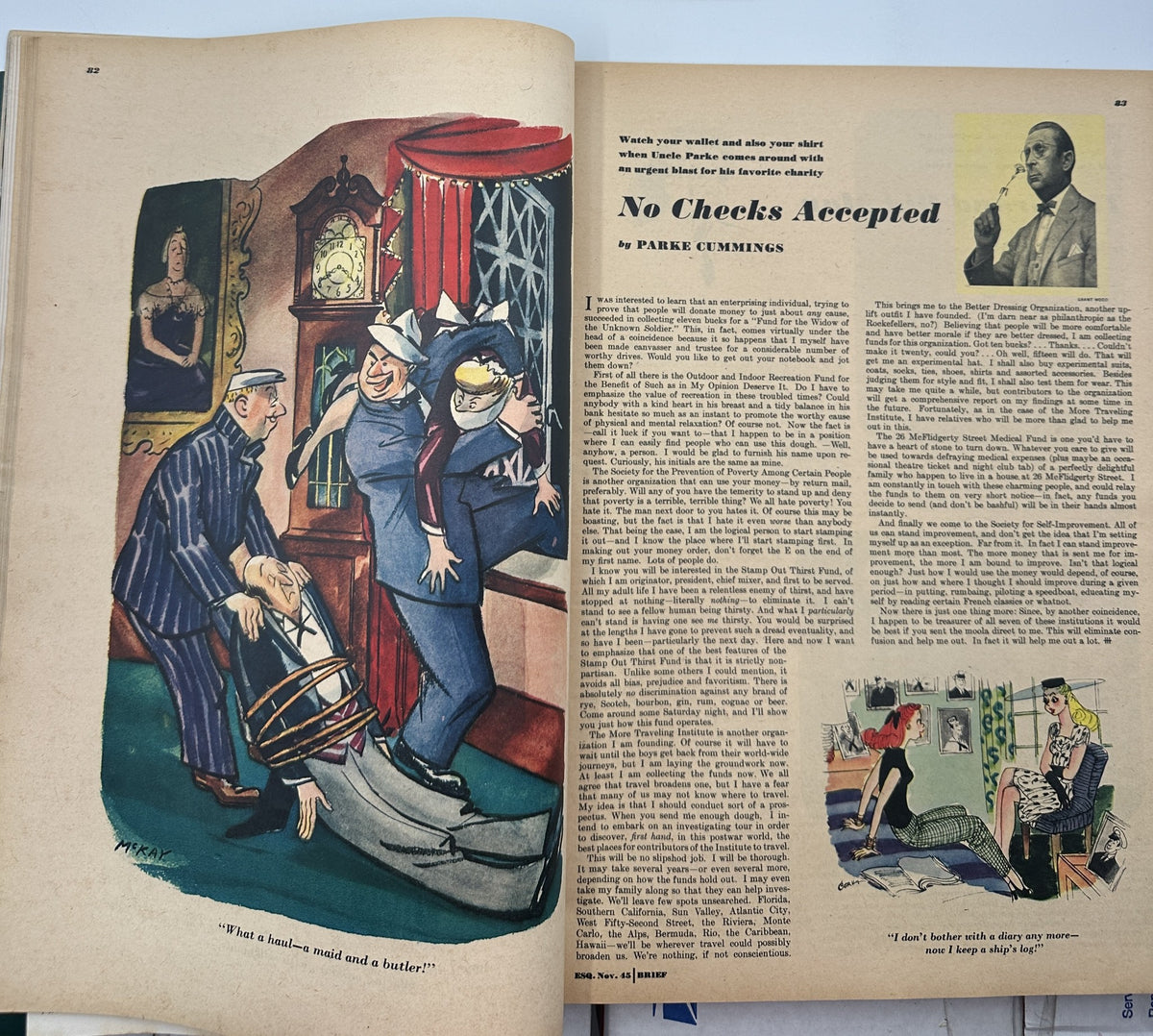 Illustration from Esquire Magazine, November 1945 titled 'No Checks Accepted' showing a humorous scene involving characters in a domestic setting.