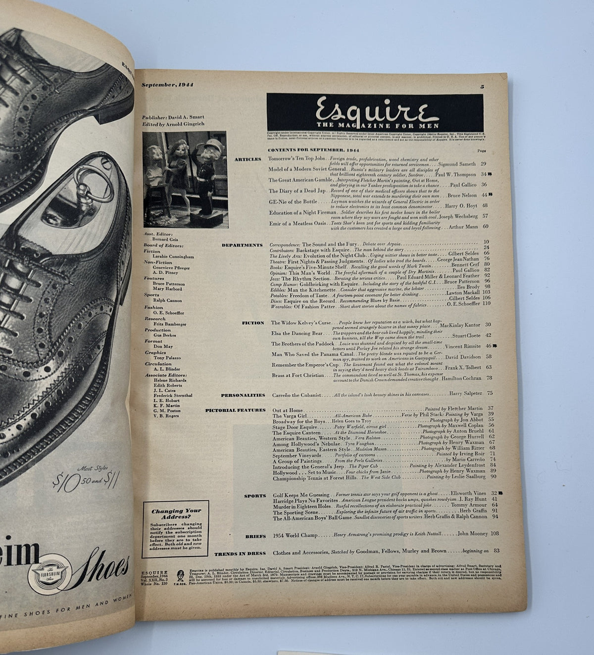 Inside page of Esquire Magazine September 1944 displaying the table of contents, featuring article titles related to fashion, fiction, and sports.