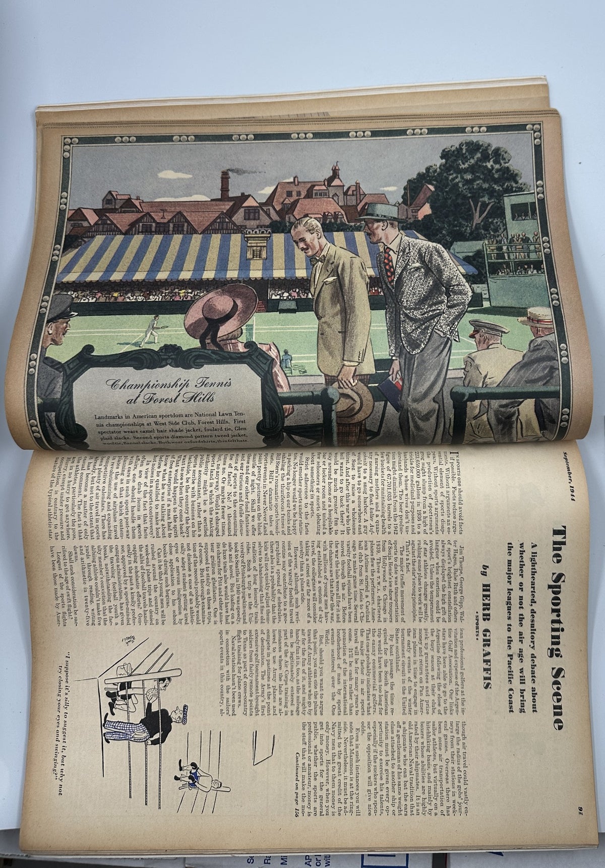 Esquire Magazine September 1944 featuring an illustrated scene of Championship Tennis at Forest Hills, with spectators in attendance and a detailed article on The Sporting Scene.