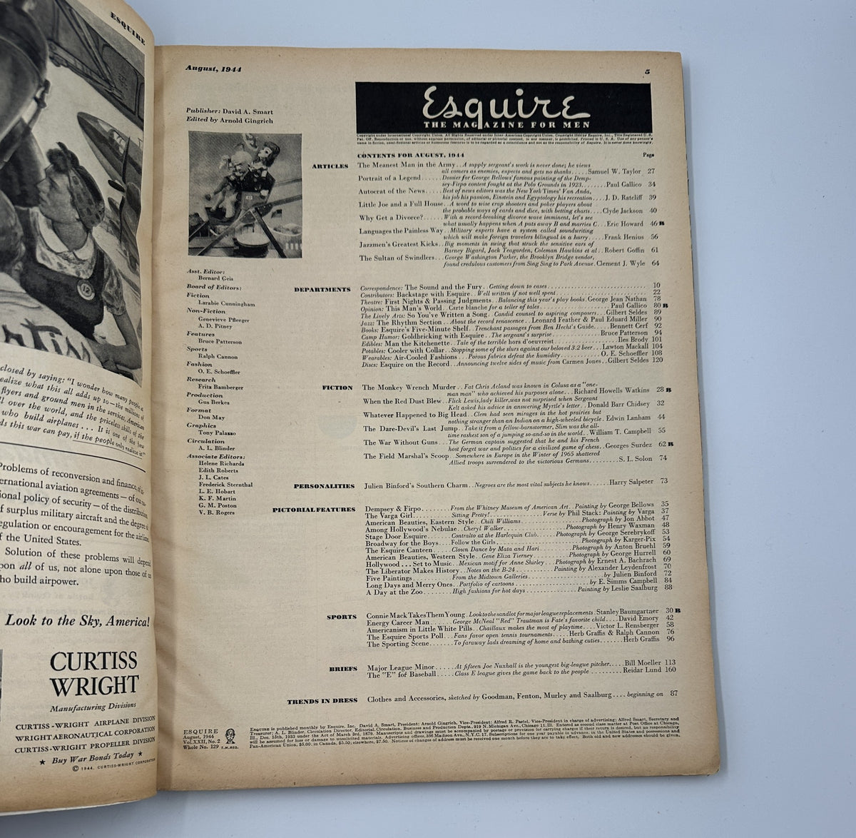 Inside page of Esquire Magazine August 1944 displaying the table of contents. This page lists articles, fiction, and other content featured in the magazine.