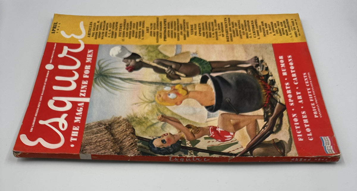 Esquire Magazine April 1944 cover featuring a Varga illustration with humorous imagery, recalling the WWII era.