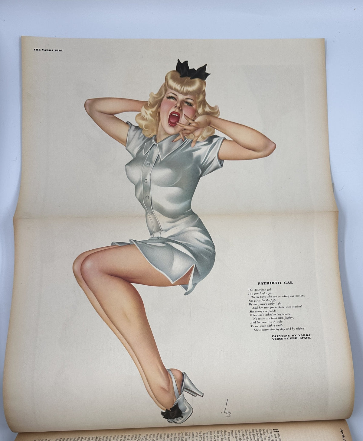 Varga pinup art titled 'Patriotic Gal' from Esquire Magazine April 1944, illustrating vintage fashion and femininity.
