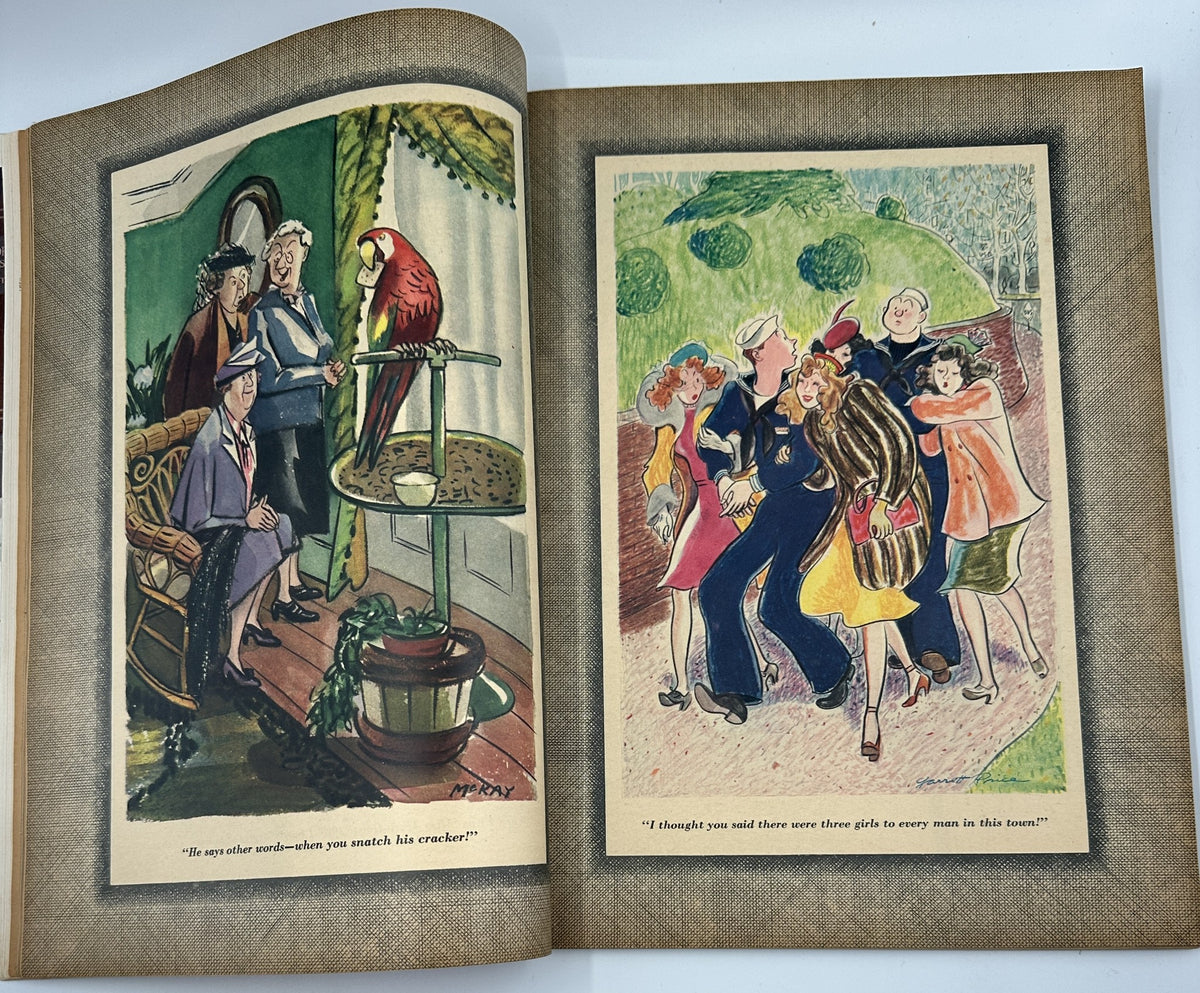 Esquire Magazine April 1944 interior illustration showcasing a humorous scene of a man talking to a group of elegantly dressed women, with a parrot perched nearby and whimsical designs in the background.