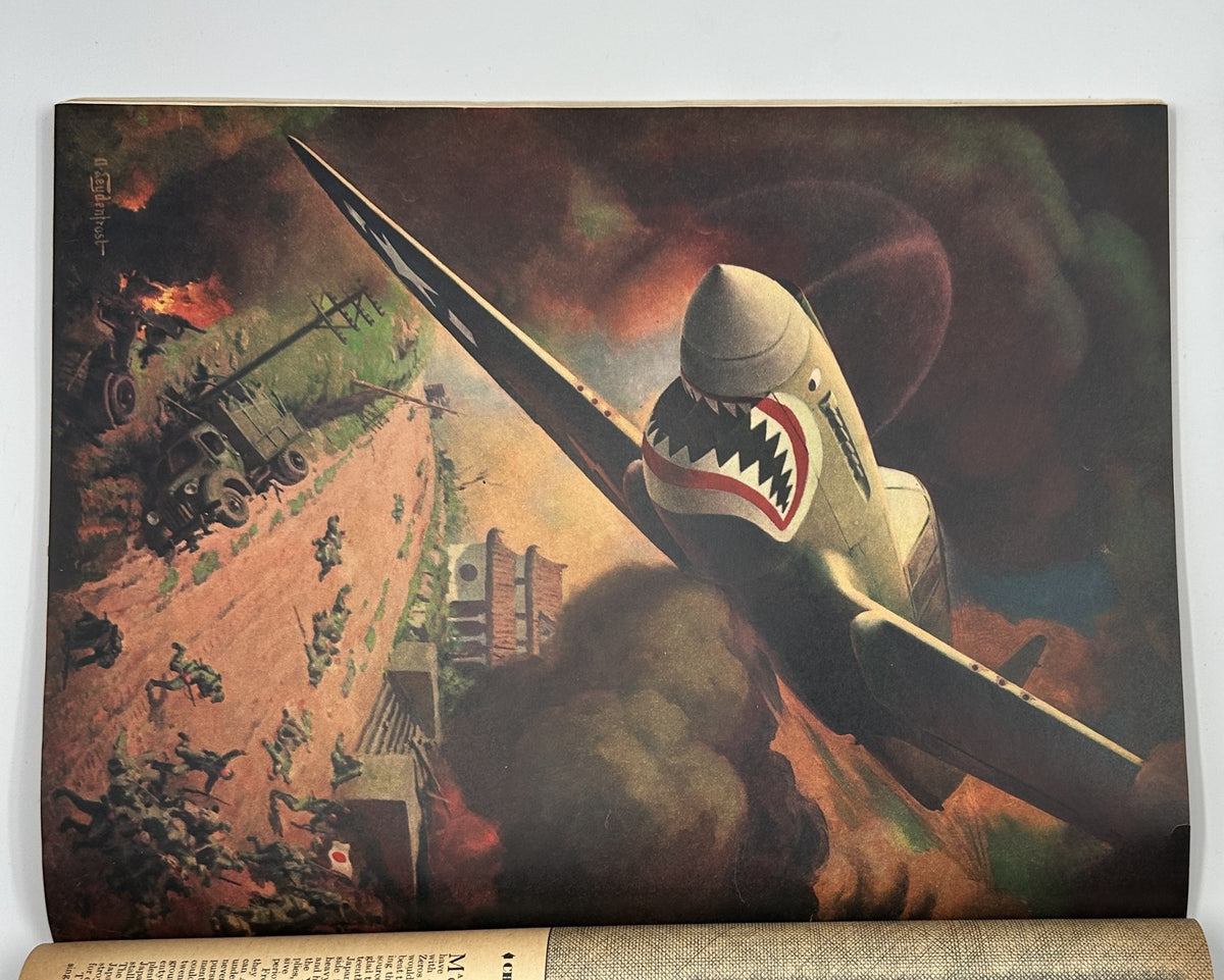 Esquire Magazine April 1944 cover featuring a dramatic depiction of a WWII aircraft with a shark mouth painted on its nose, flying over a battlefield scene with explosions and soldiers.
