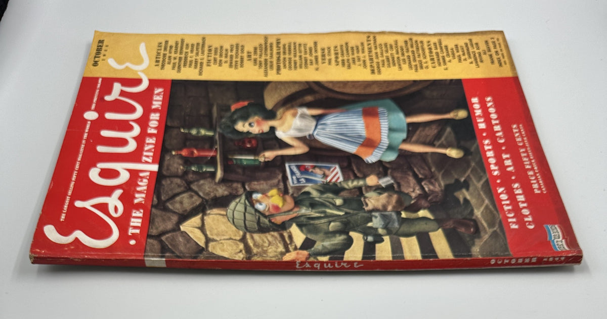Esquire Magazine October 1944 angled view revealing the cover art with a soldier and a pinup girl, emphasizing the magazine's vintage aesthetic and content focus.