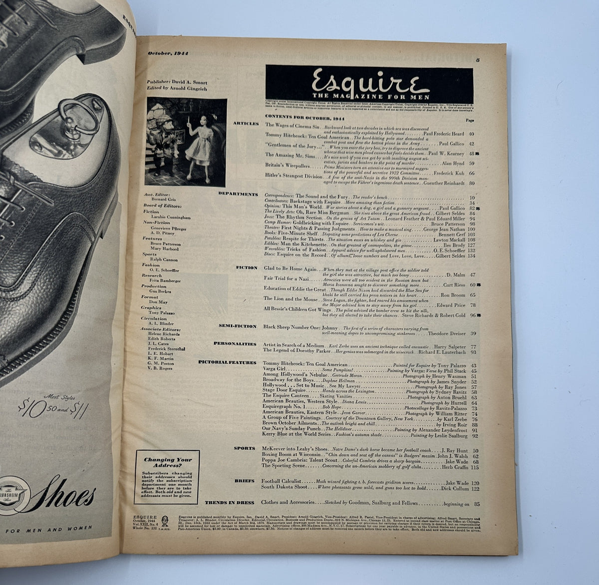 Inside page of Esquire Magazine October 1944 displaying a table of contents with detailed articles and features, reflecting the publication's wide-ranging topics for men.