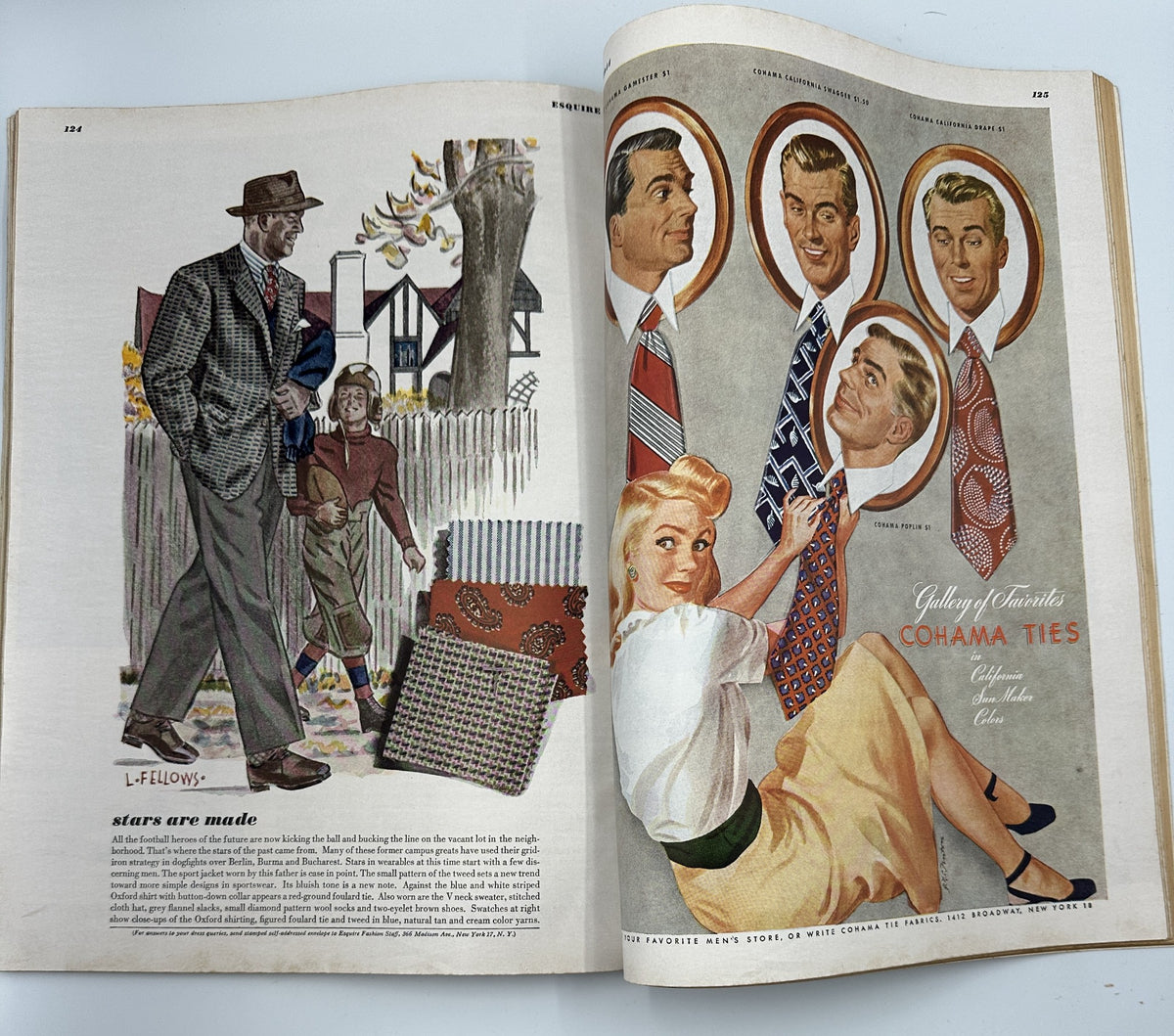Double page spread from Esquire Magazine October 1944 showcasing fashion illustrations and advertisements, highlighting trends in men's apparel and accessories of the era.