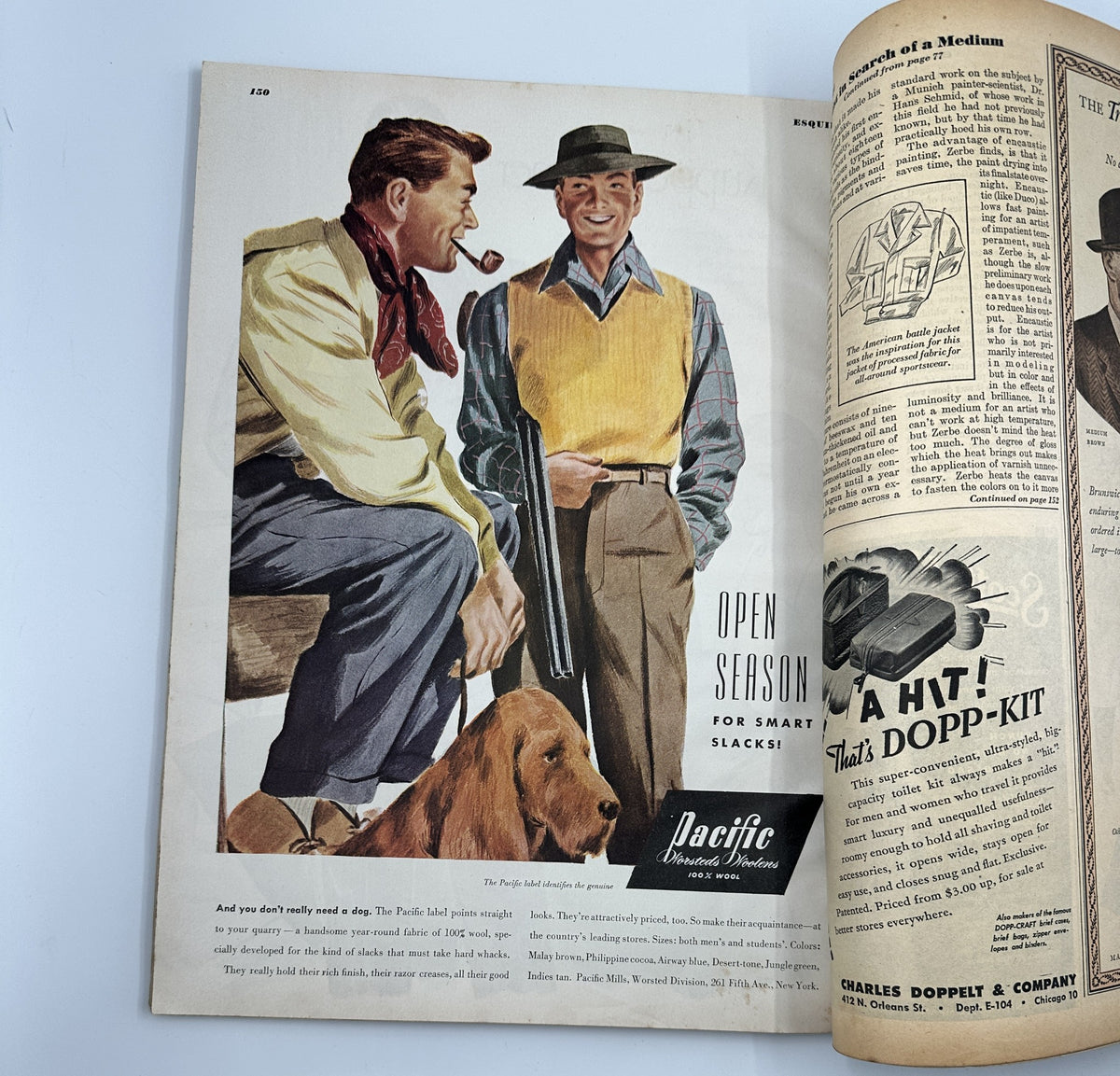 Esquire Magazine October 1944 featuring a colorful advertisement for Pacifc slacks. The image shows a well-dressed man in a stylish outfit alongside a dog, emphasizing the theme of 'Open Season for Smart Slacks.' This image highlights fashion and lifestyle trends in the 1940s.