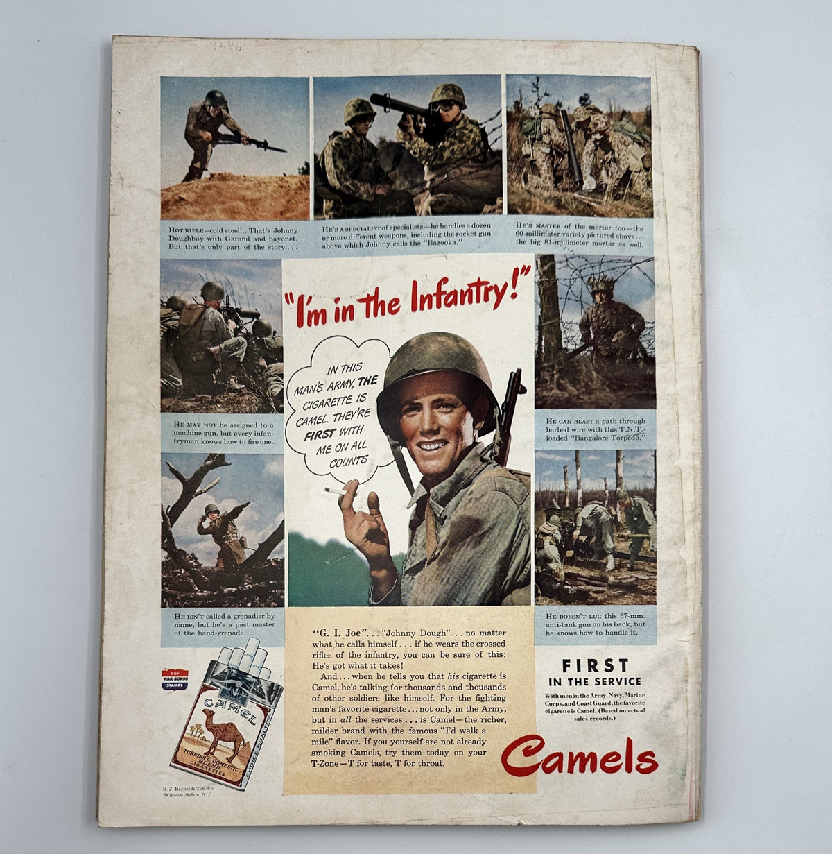 Esquire Magazine October 1944 includes a striking advertisement for Camels cigarettes. The image depicts a soldier in action, promoting the phrase 'I'm in the Infantry!' showcasing military life during World War II. This advertisement represents the intersection of culture and wartime messaging.