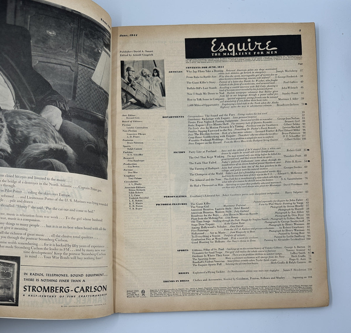 Inside page of Esquire Magazine June 1944 displaying the table of contents and articles including The Giant Killer and various contributors.