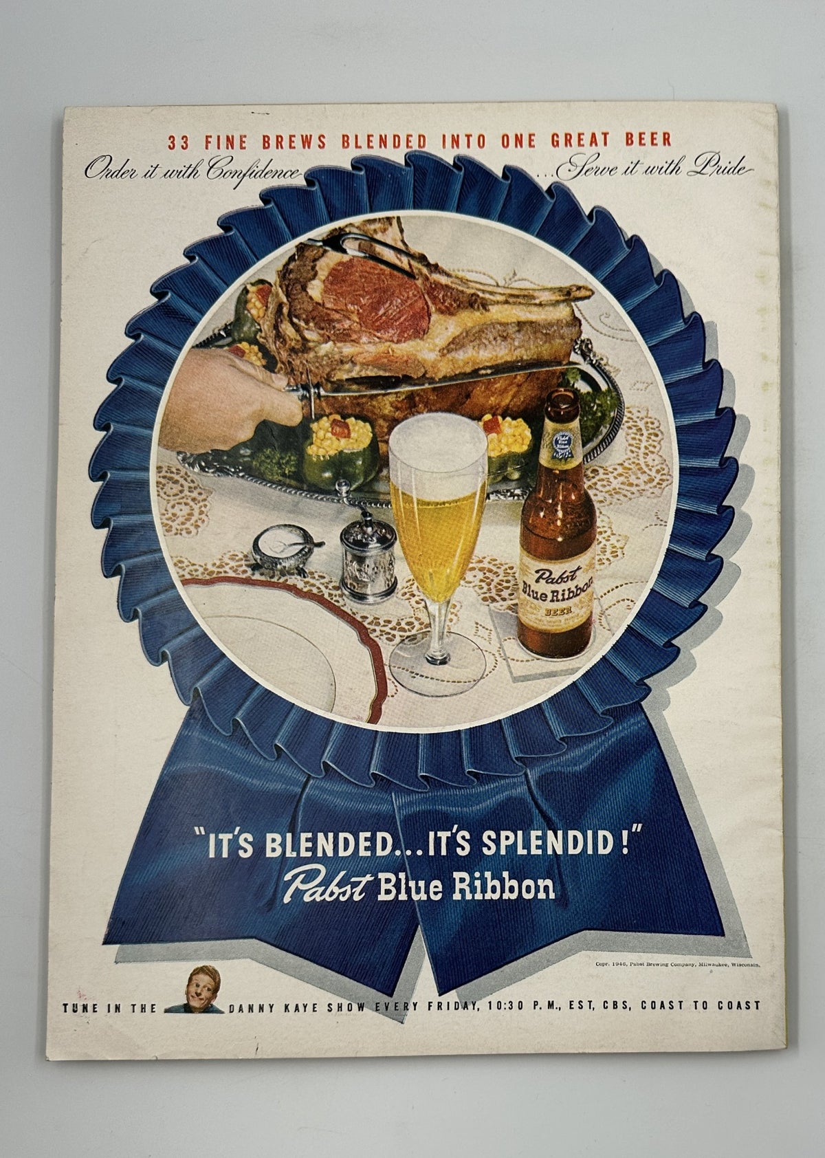 Esquire Magazine March 1946, presenting an advertisement for Pabst Blue Ribbon beer, featuring a feast on a table and illustrated branding details.