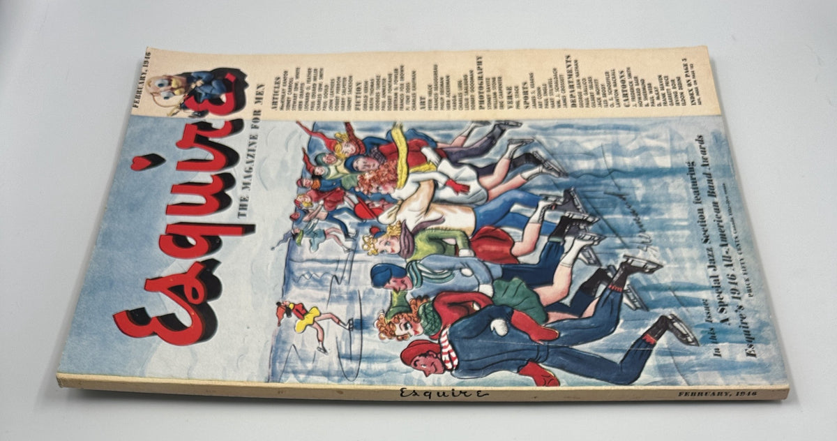 Side view of Esquire Magazine February 1946 showcasing the cover design with ice skaters, highlighting the magazine's focus on jazz and the All-American Band Awards.