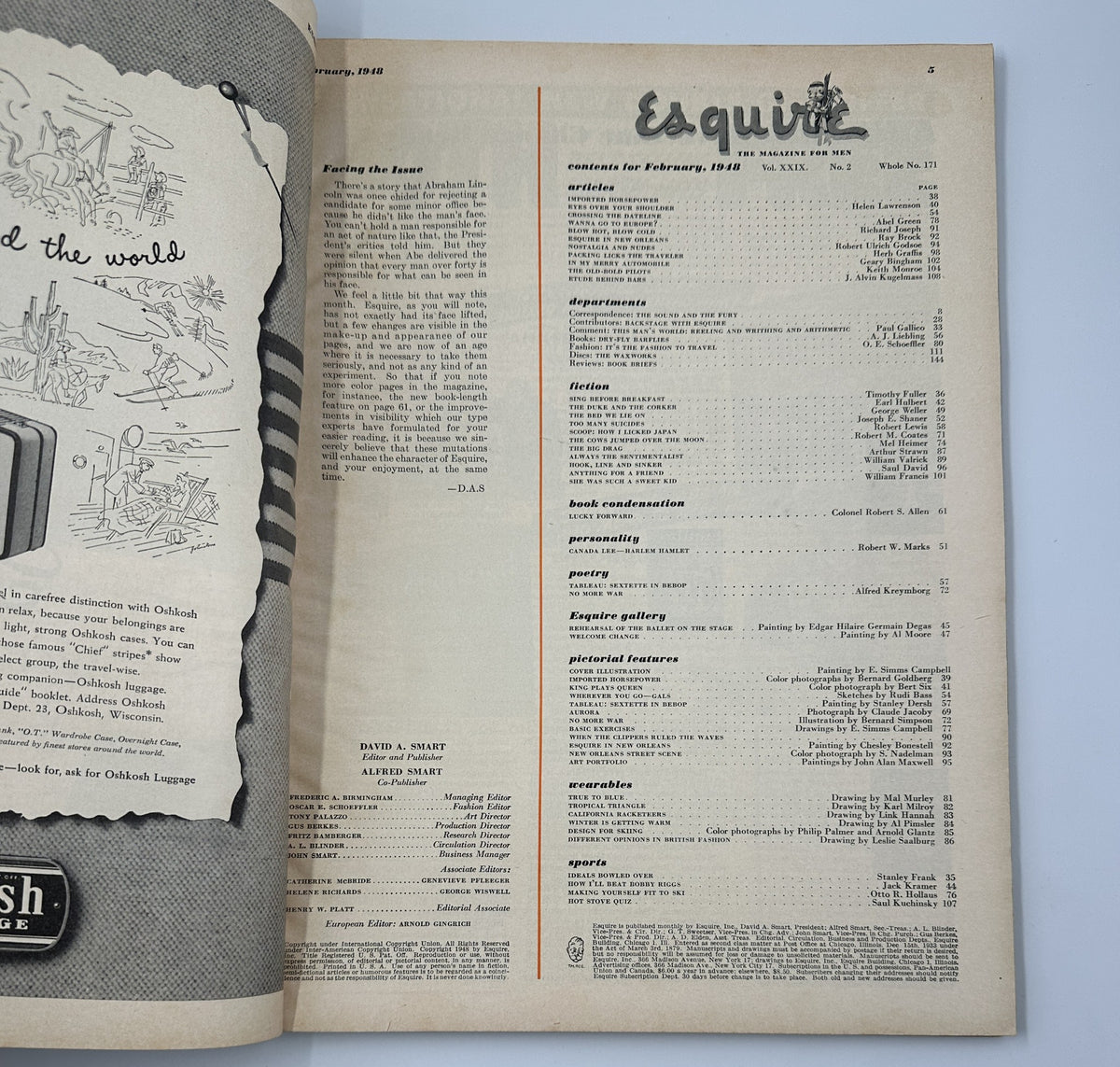 Interior page from Esquire Magazine February 1948 displaying the table of contents, listing various articles and features from this vintage issue.