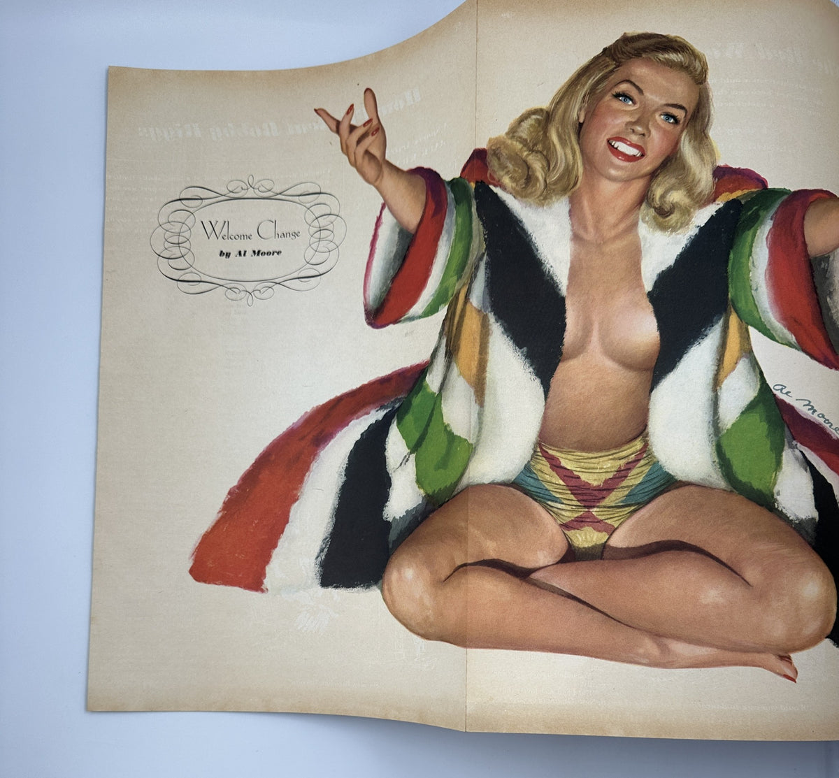 Fold-out section of Esquire Magazine February 1948 by Al Moore, featuring a pin-up illustration of a woman in a colorful coat, highlighting the artistic style.