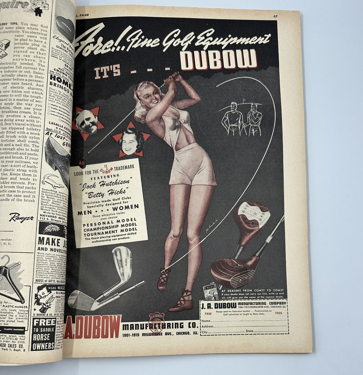 Esquire Magazine February 1948 featuring an advertisement for Dubow golf equipment with a woman golfer, showcasing the latest in sporting goods.