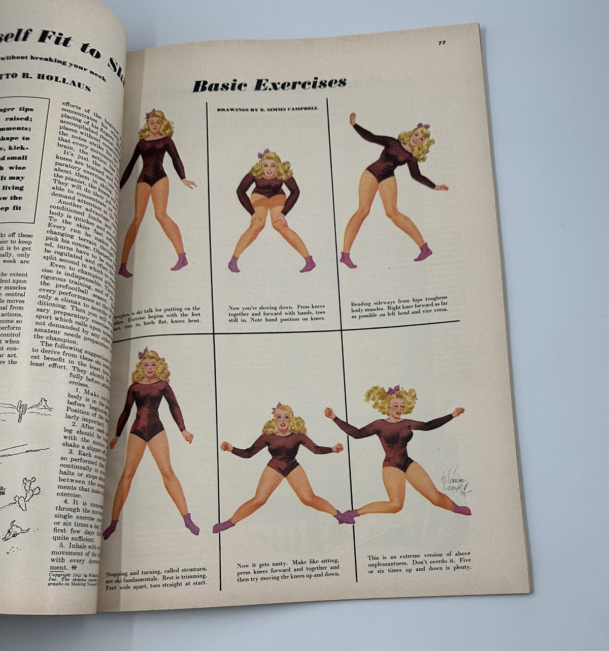 Esquire Magazine February 1948 displaying a page with illustrations of basic exercises, featuring a woman demonstrating fitness routines.