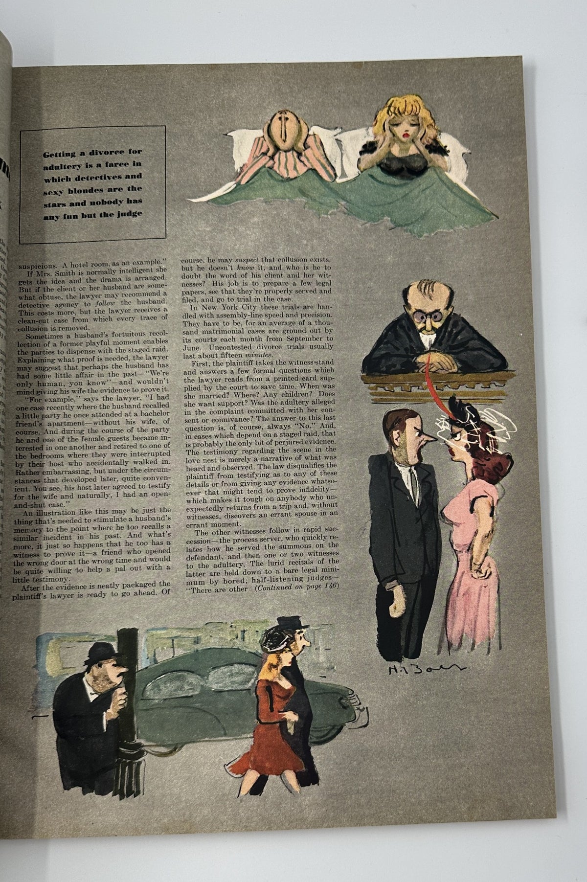 Humorous illustrations in Esquire Magazine April 1948, depicting various scenes and characters, showcasing vintage editorial artistry.