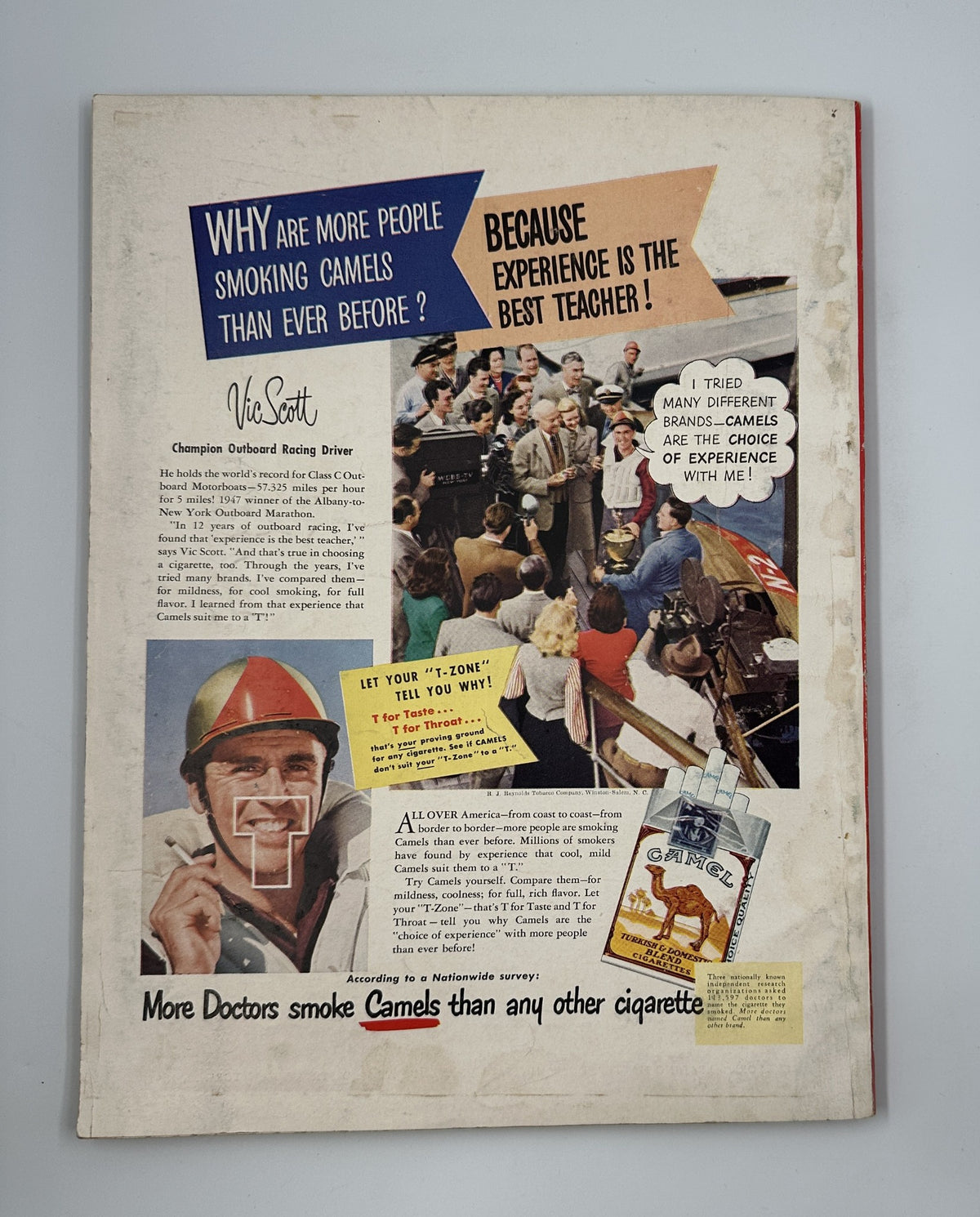 Vintage advertisement in Esquire Magazine April 1948 promoting Camel cigarettes, featuring a crowd, emphasizing smoking culture of the era.