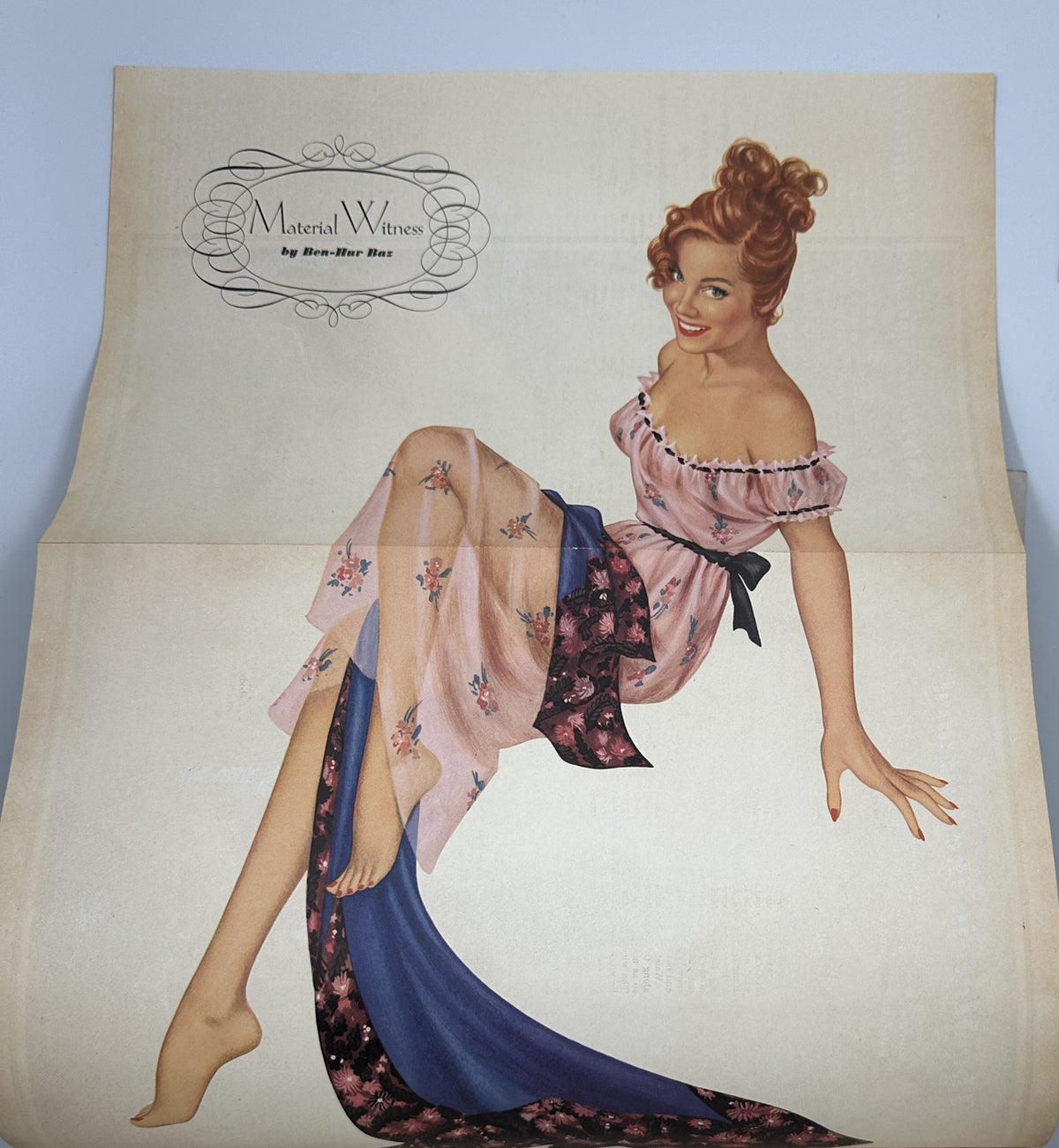 Esquire Magazine May 1948 foldout pinup illustration titled 'Material Witness' by Ben-Hur Baz, showcasing a glamorous woman in an elegant pose.