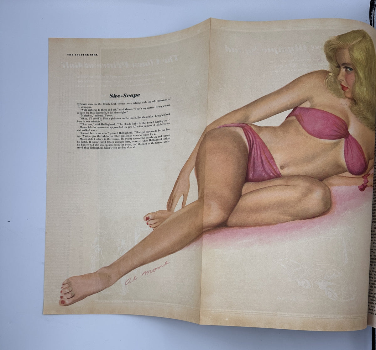 Inside page of Esquire Magazine July 1948 featuring an artistic pinup illustration titled 'She-Scape' by Al Moore, highlighting classic mid-century pinup art.