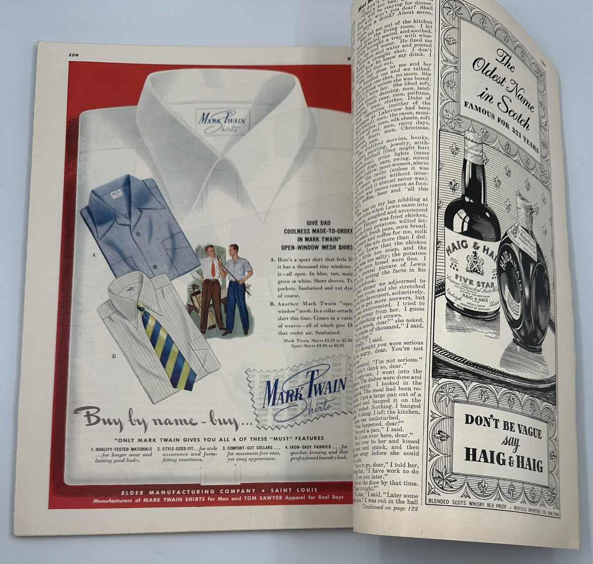Advertisement for Mark Twain shirts featured in Esquire Magazine July 1948, displaying a collared shirt and tie with a light-hearted promotional style.