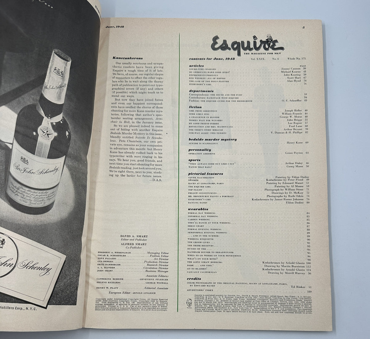 Interior page of Esquire Magazine June 1948 detailing the contents list, featuring articles and illustrations, including advertisements.