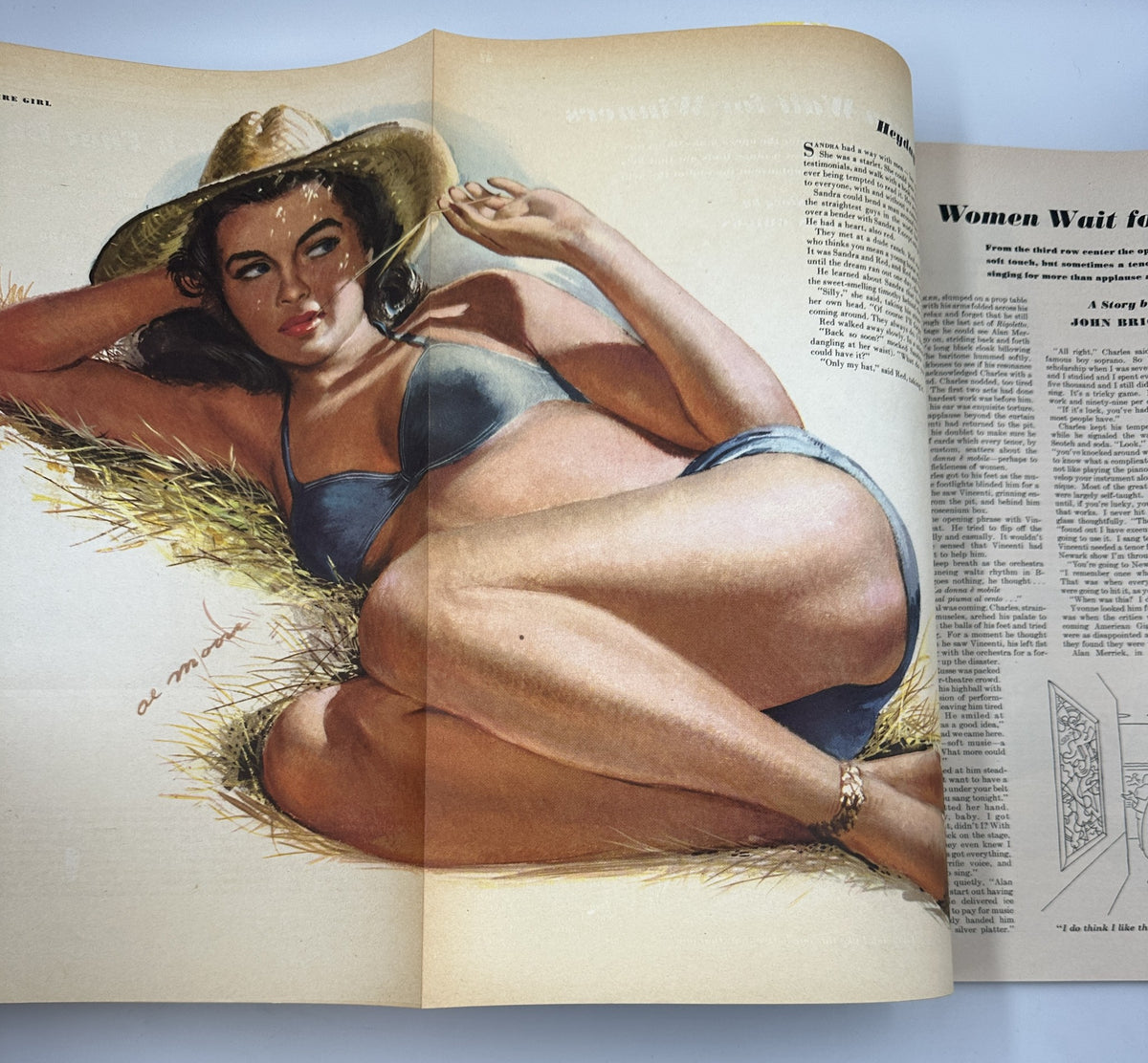 Foldout page from Esquire Magazine June 1948 displaying a pinup illustration with a woman lounging in straw, enhancing the magazine's vintage aesthetic.