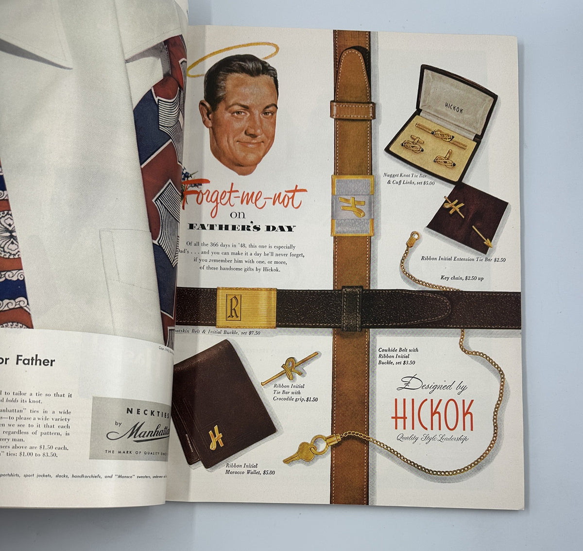 Esquire Magazine June 1948 featuring a Father's Day advertisement designed by Hickok, displaying luxury watch and accessory options.
