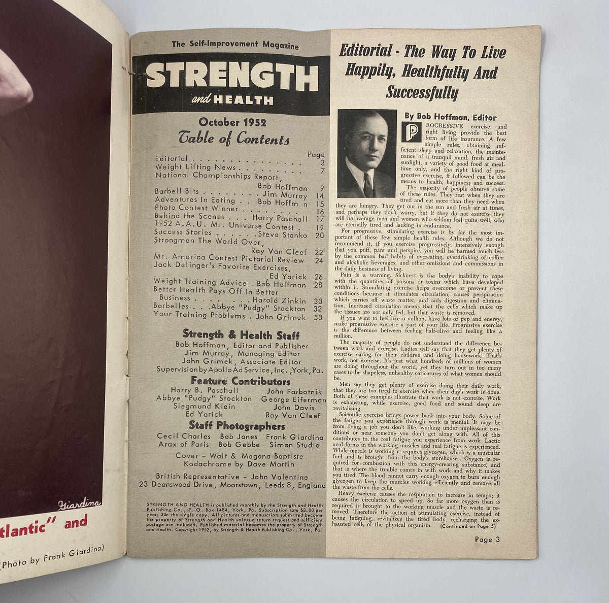 Strength and Health Magazine October 1952 interior page displaying the editorial and table of contents, highlighting articles by Bob Hoffman and other contributors.
