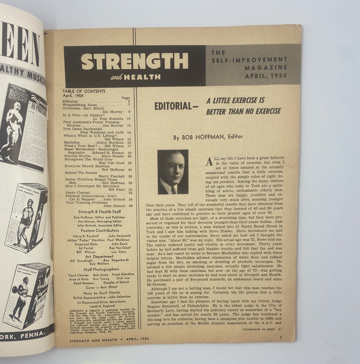 Interior page of Strength and Health Magazine, April 1954, featuring an editorial by Bob Hoffman, discussing the benefits of exercise with a classic magazine layout.
