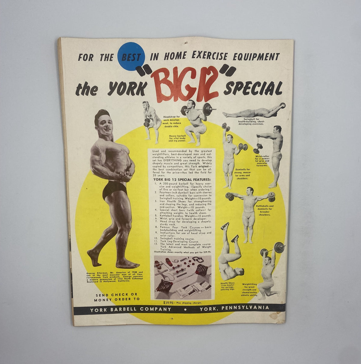 Back cover of Strength and Health Magazine July 1954 advertising the York Big Special for home exercise equipment, featuring various strength training exercises.