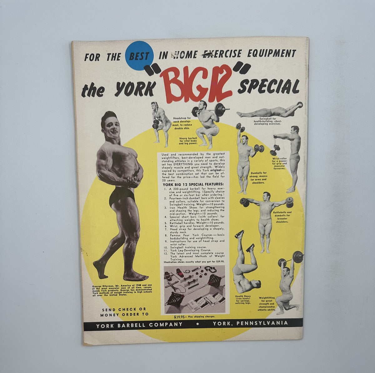 Advertisement for York Barbell Company in Strength and Health Magazine, August 1955, promoting home exercise equipment with various exercise demonstrations.