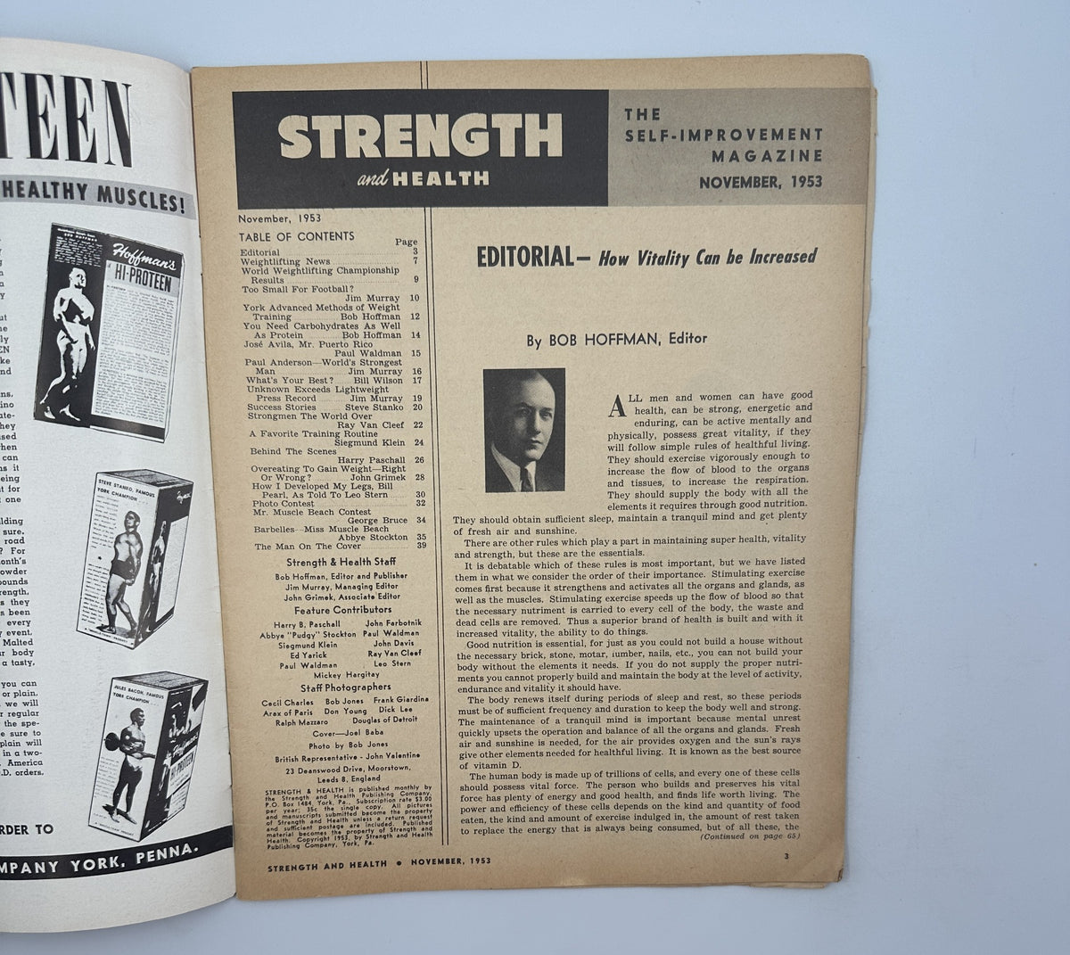 Editorial page from Strength and Health Magazine November 1953 by Bob Hoffman discussing how vitality can be increased, showcasing the Table of Contents.