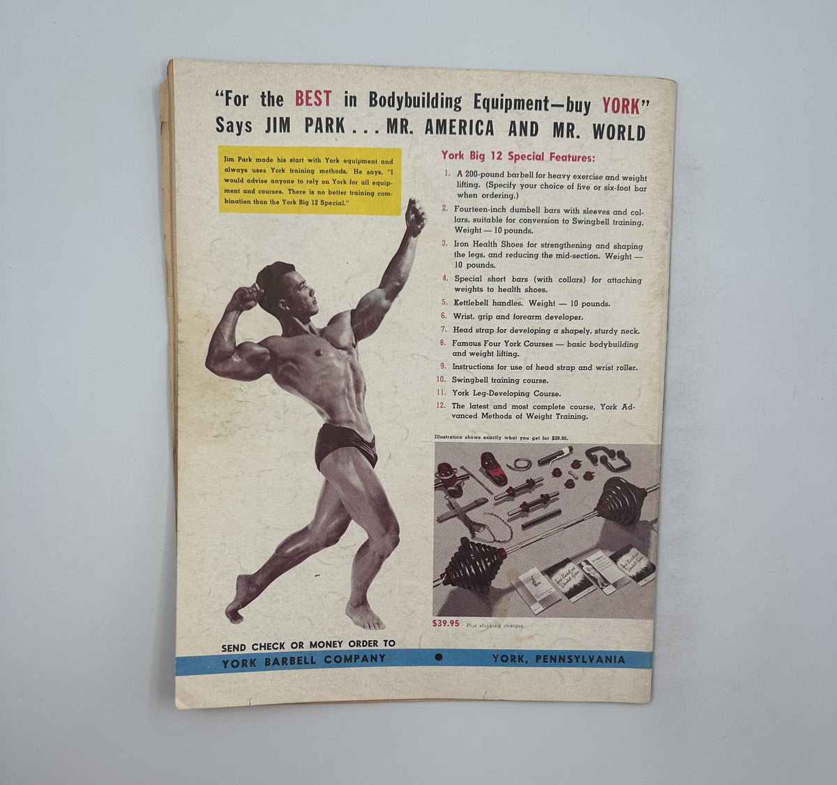 Back cover of Strength and Health Magazine November 1953 promoting York Barbell Company and featuring Mr. America and Mr. World competitors.