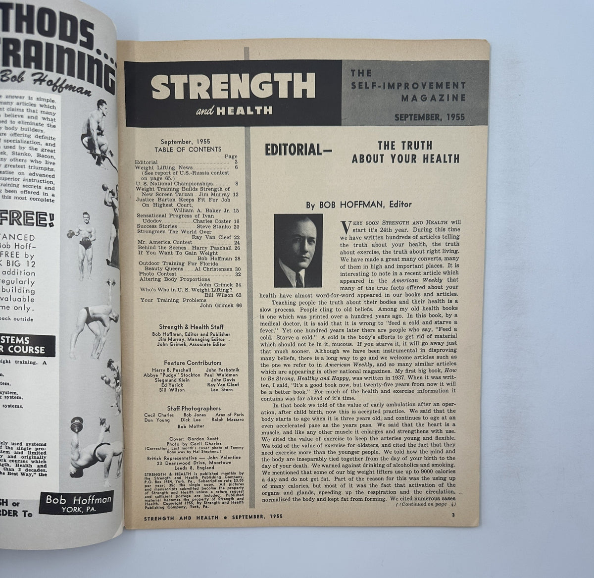 Editorial page from Strength and Health Magazine September 1955 written by Bob Hoffman, discussing health and fitness, accompanied by images related to weight training.