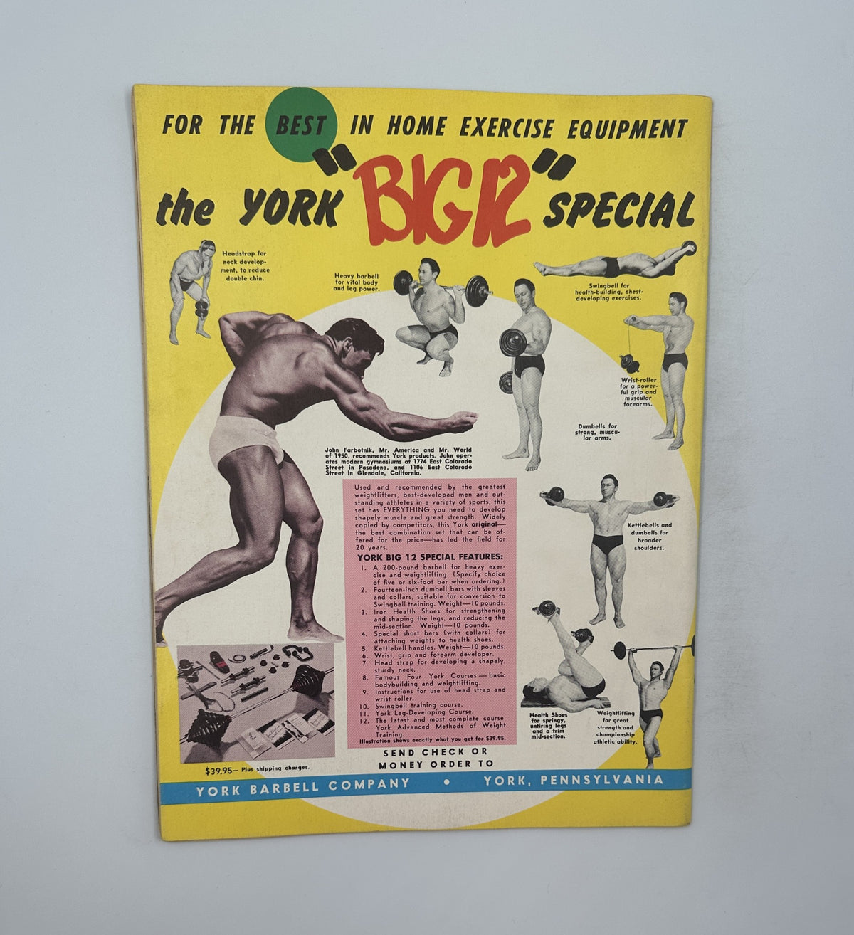 Advertisement page in Strength and Health Magazine September 1955 for the York Big 12 Special home exercise equipment, featuring illustrations of exercise techniques.