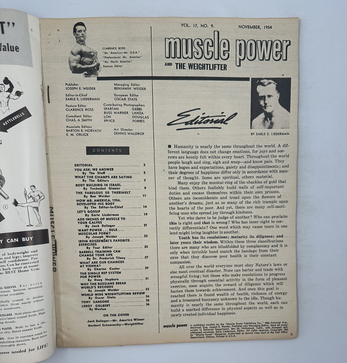 Inside page of Muscle Power Magazine, November 1954 detailing the editorial section and Table of Contents, highlighting topics on bodybuilding and weightlifting.