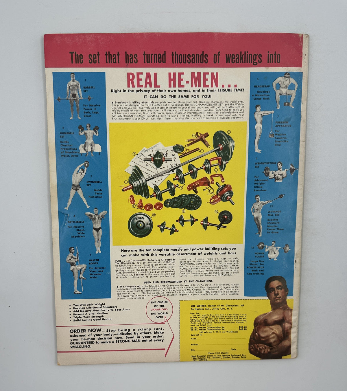Muscle Power Magazine November 1954 featuring Mr. America winner Jack Delinger on the cover, showcasing a vibrant advertisement for strength training equipment. The layout includes images of muscle-building exercises and is aimed at bodybuilders, appealing to fitness enthusiasts interested in building strength.