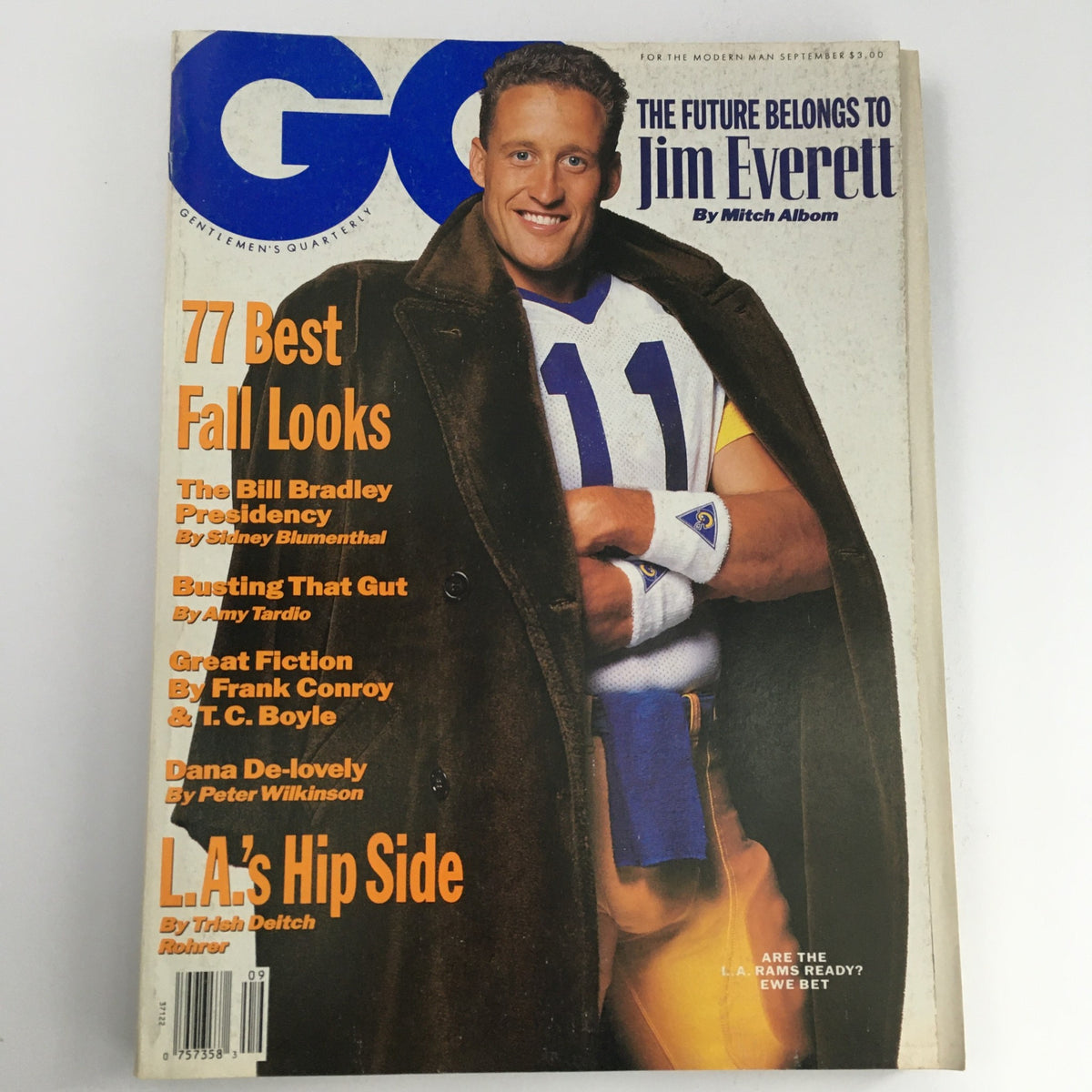 GQ Magazine September 1990 cover featuring Jim Everett, with the headline 'The Future Belongs to Jim Everett' by Mitch Albom. The issue showcases sports and culture from the early 90s, surrounded by articles on fashion and celebrity during the era.