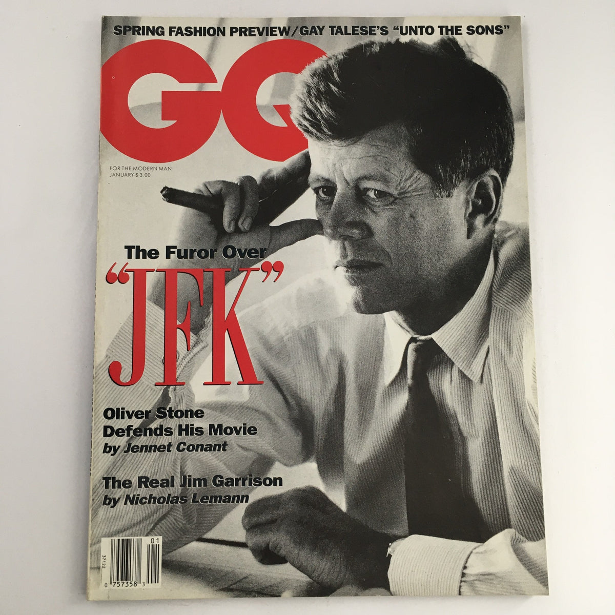 GQ Magazine January 1992 cover featuring a spotlight on the furor over John F. Kennedy, with a profile image of JFK, highlighting the article on Jim Garrison.