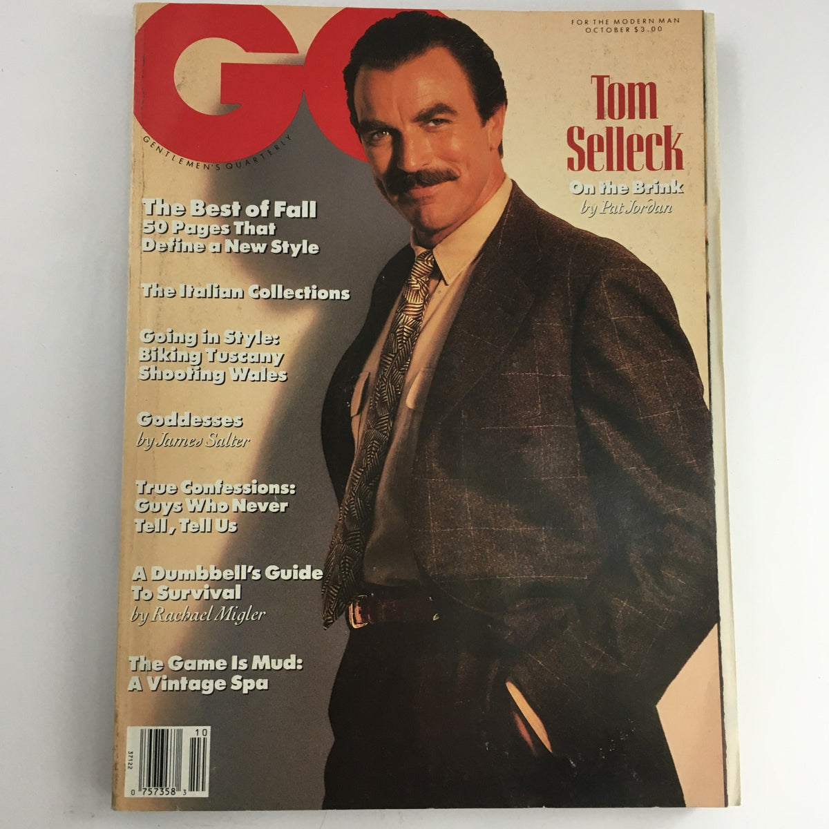 GQ Magazine October 1989 featuring Tom Selleck on the cover displaying various articles such as 'The Best of Fall' and 'A Dumbbell's Guide to Survival.' A vintage magazine capturing the essence of late '80s fashion.